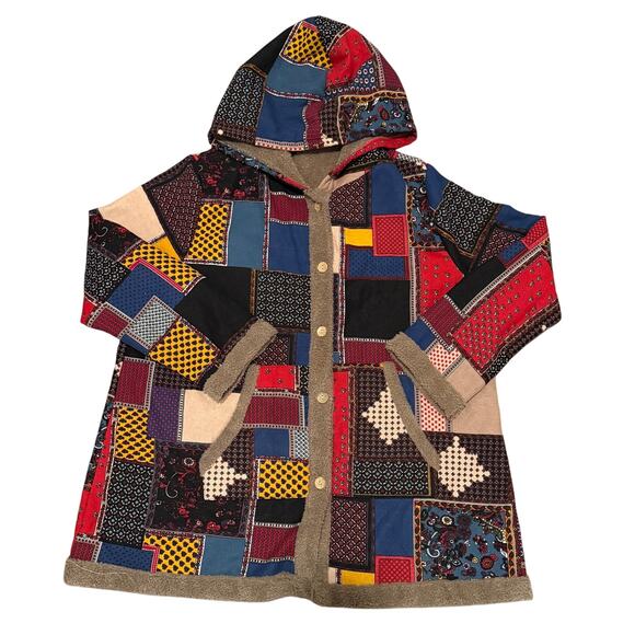 Patchwork Sherpa Lined Hooded Jacket Women 4XL Boho Hippie Cozy Artsy Oversized - Picture 1 of 8